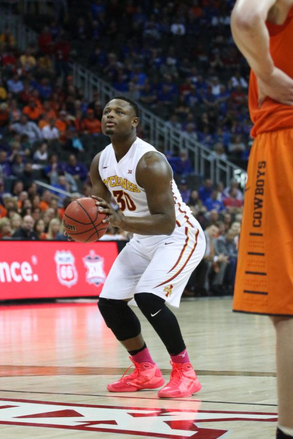 Iowa State senior Deonte Burton shoots a free throw during the Cyclones first round game against Oklahoma State for the Big 12 Championship at the Sprint Center in Kansas City, Missouri March 9. Burton was 8-for-11 in free throw attempts in the Cyclones 92-83 win over the Cowboys. 