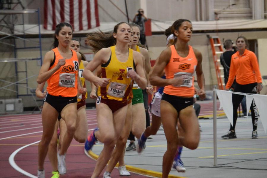 Sophomore Jasmine Staebler finishes second in the finals of the 800-meter run at the Big 12 Indoor Track and Field Championship on Feb. 25, 2017, at Lied Recreation Athletic Center. 