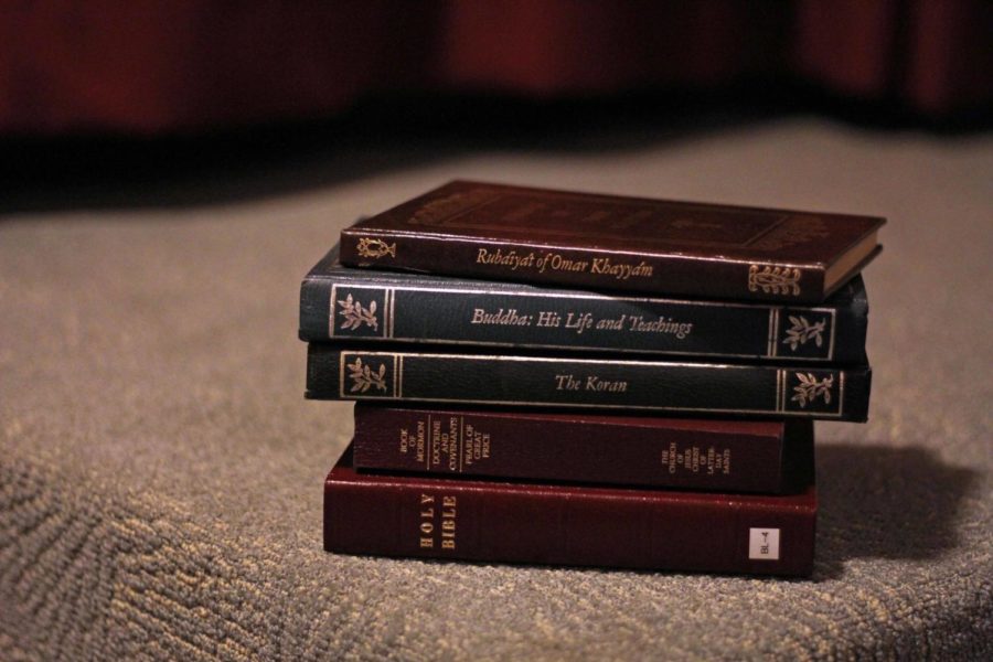 Religious books from various world religions available to students in the chapel in the Memorial Union. 