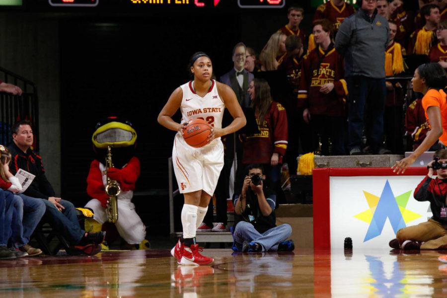 Redshirt freshman TeeTee Starks looks for an open teammate during the Cyclones 61-48 win over Oklahoma State on senior night. Starks was held to two points in 19 minutes. 