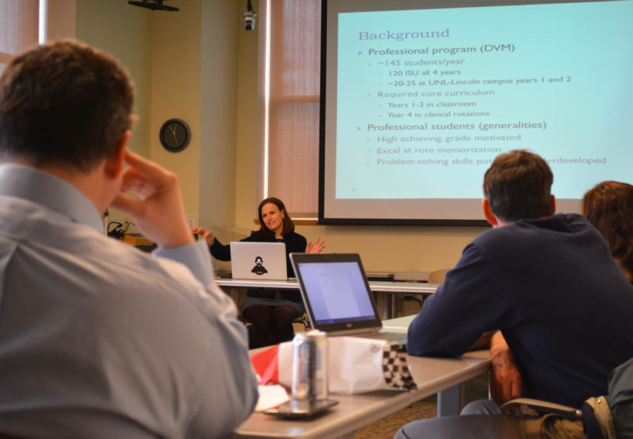 Shannon Hostetter, assistant professor in veterinary medicine, tells a group of faculty members how she uses Top Hat in her classes during the second installment of a seminar focused on Top Hat at Morrill Hall on Mar. 23.