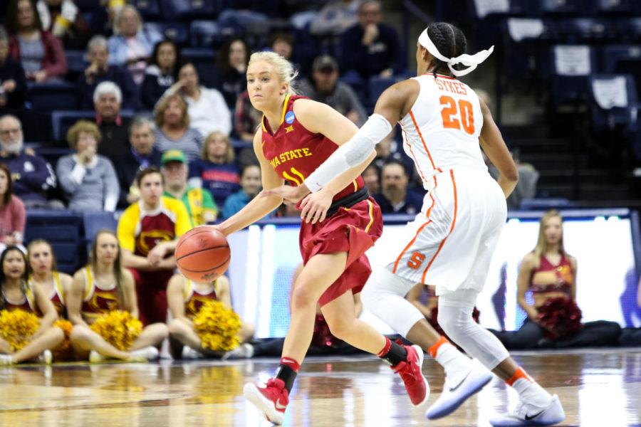 Point guard Jadda Buckley takes the ball up the court against Syracuse in the first round of the 2017 NCAA Tournament on Saturday, March 18, in Storrs, Connecticut. Iowa State trailed the Orange 33-8 after the first quarter. 