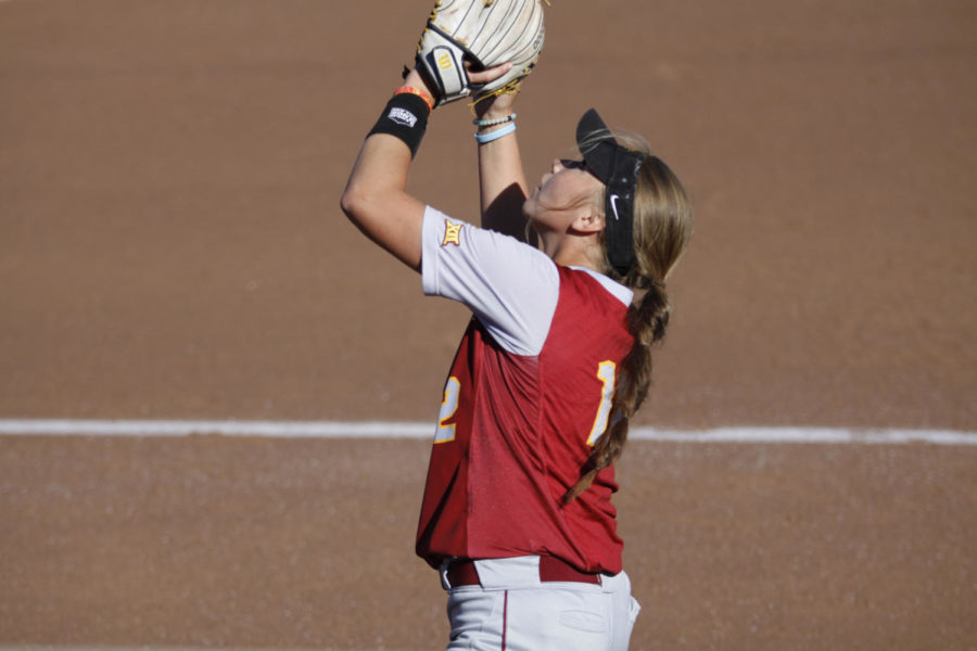 Iowa State freshman Talyn Lewis looks to catch a pop fly in the first inning against Iowa Central.