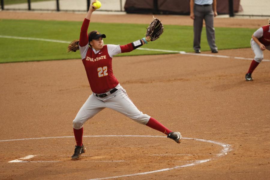 Iowa State pitcher Savannah Sanders winds up in the first inning during the teams season opener against Iowa Western on Sept. 16, 2016.