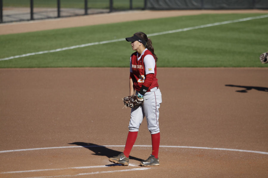 Iowa State sophomore Savannah Sanders gets ready to wind up against Iowa Central Community College.