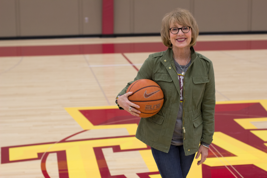 Julie Voss works as the administrative assistant for the mens basketball team and has been working with the team since 1977. 