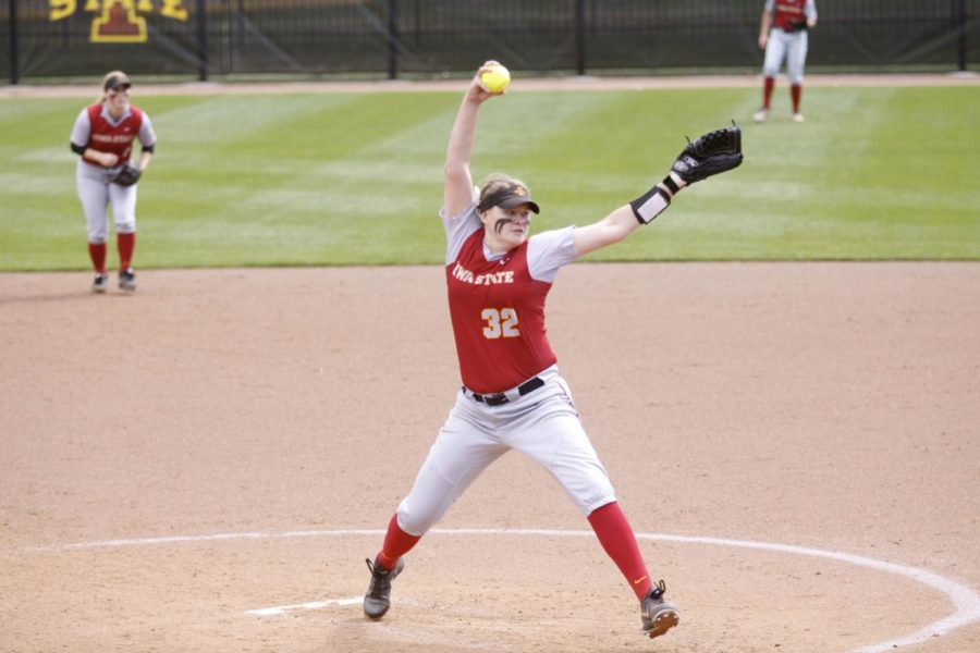 Pitcher Brianna Weilbacher delivers the first pitch in the second game of a doubleheader against Texas Tech on May 2, 2015.