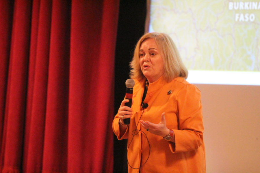 Former U.S. Ambassador to Libya Deborah Jones speaks to a packed Great Hall in the Memorial Union on April 3. Jones talked about Americas relationship with the Middle East and about her own experiences as the former ambassador to both the State of Kuwait and to Libya. 