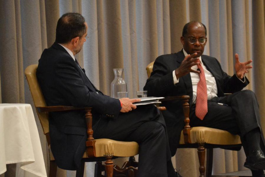 TIAA President and CEO Roger Ferguson, answers questions about becoming the first African-American vice chairmen of the U.S. Federal Reserve in the Sun Room April 11. 