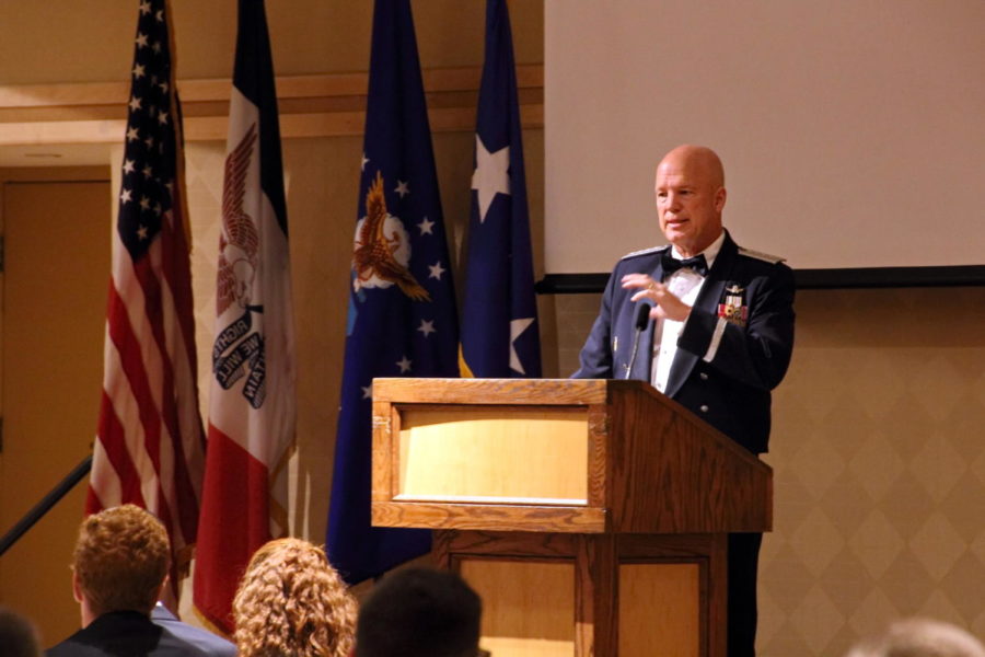  Gen. John Raymond, Commander of the Air Force Space Command, speaks to cadets at the Air Force Dining Out celebration. Courtesy of Anna Haas