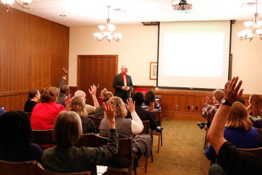 Thomas Berry, the director of the counseling and counseling psychology clinic at Oklahoma State University, delivers a speech in the Gold Room at the Memorial Union on April 10. The open forum featured a lecture from Berry, followed by a question and answer session. 