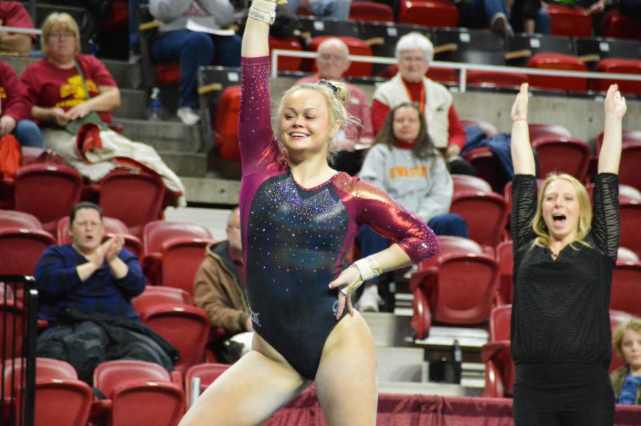 Junior Haylee Young finishes her floor routine during the Beauty and the Beast event at Hilton Coliseum on Jan. 27. Young would go on to earn a score of 9.900.