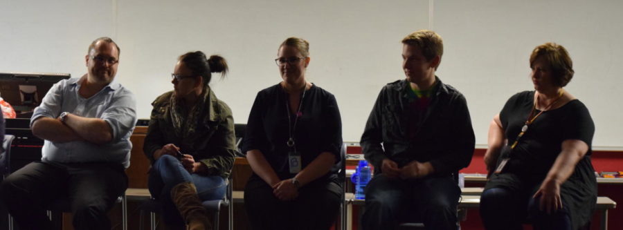 After the Q & A period at Intimacy in the Dark had ended, lights turned on for students to approach the five panel members to further discuss resources. The panel members included representatives from Planned Parenthood, Thielen Health Center, and other area resources. 