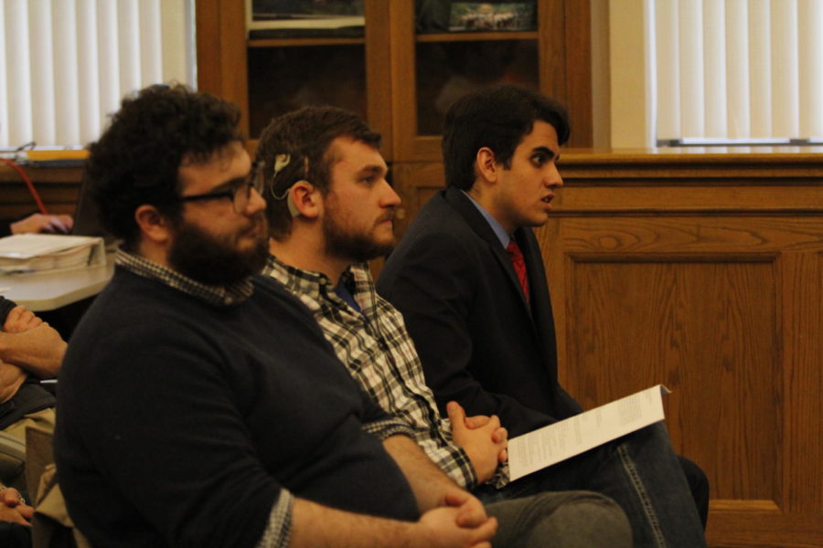 Future Student liaison Robert Bingham, Kody Olson, and recently appointed member of Ames Transit board Juan Bibiloni at Tuesday nights city council meeting.