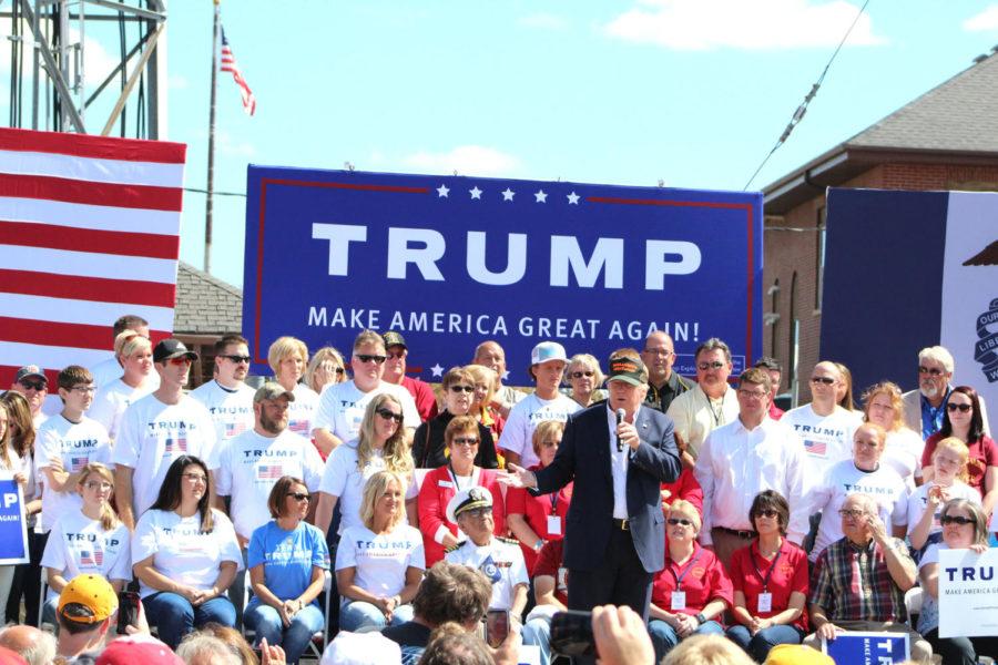 Donald Trump speaking at the 2015 Pufferbilly Days in Boone County on September 12. Supporters and protesters were present at his rally.