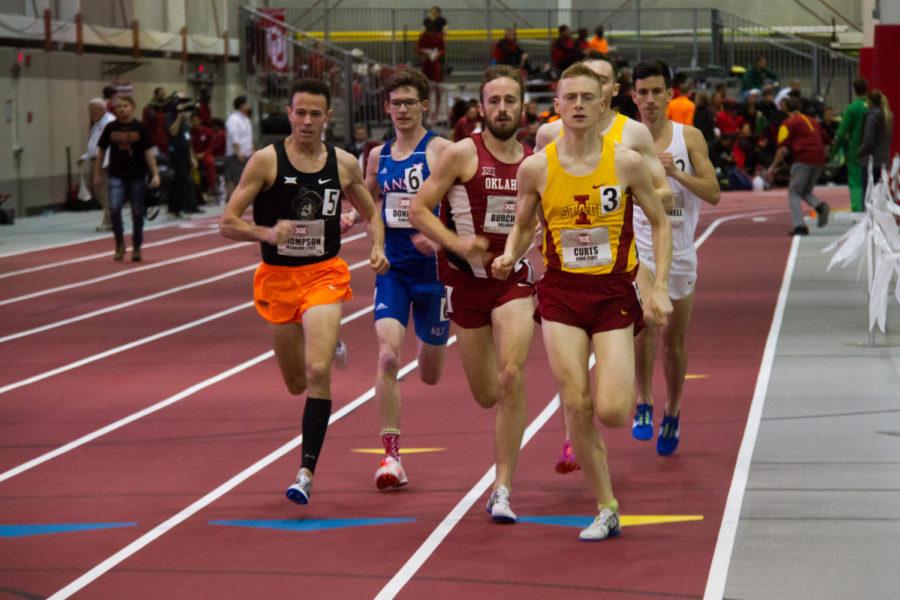 Iowa State sophomore Dan Curts and senior Christian DeLago run during their pre-lim heat of the 1000m run, during the first day of the Big 12 Track and Field Championship. Both Curts and DeLago qualified for the 1000m final Saturday. 