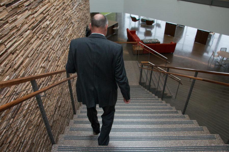 After a brief 20-minute meeting with provosts from Big-12 universities, ISU President Steven Leath leaves the Core Facility at the Research Park Nov. 7. 