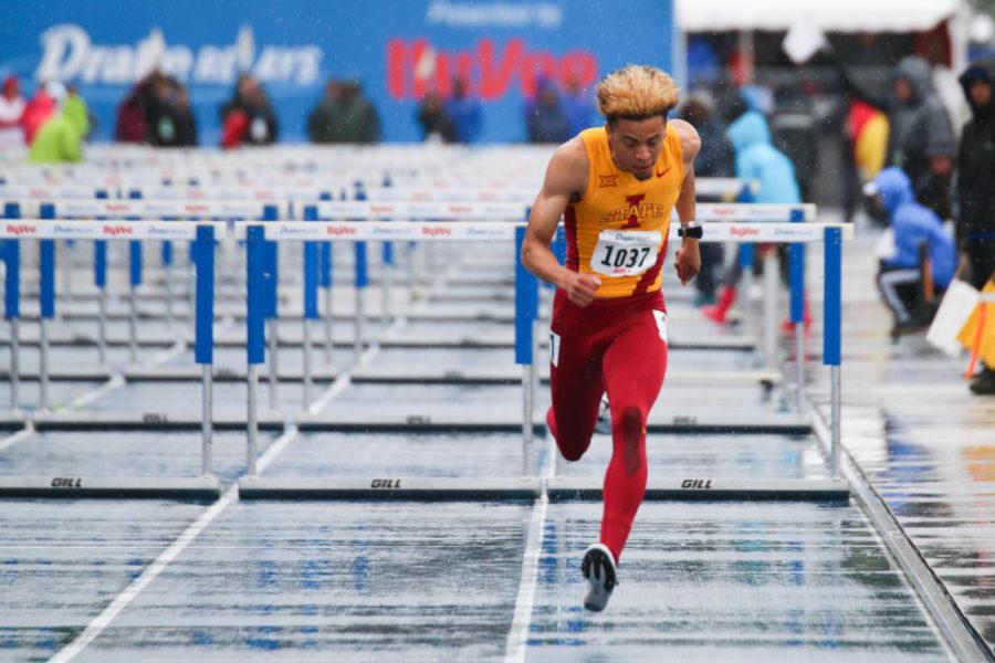 Iowa State junior Elijah Young competes in the preliminary round of the mens 110-meter hurdles at the Drake Relays in Des Moines April 28, 2017. Young finished 20th out of 30 with a time of 14.68.