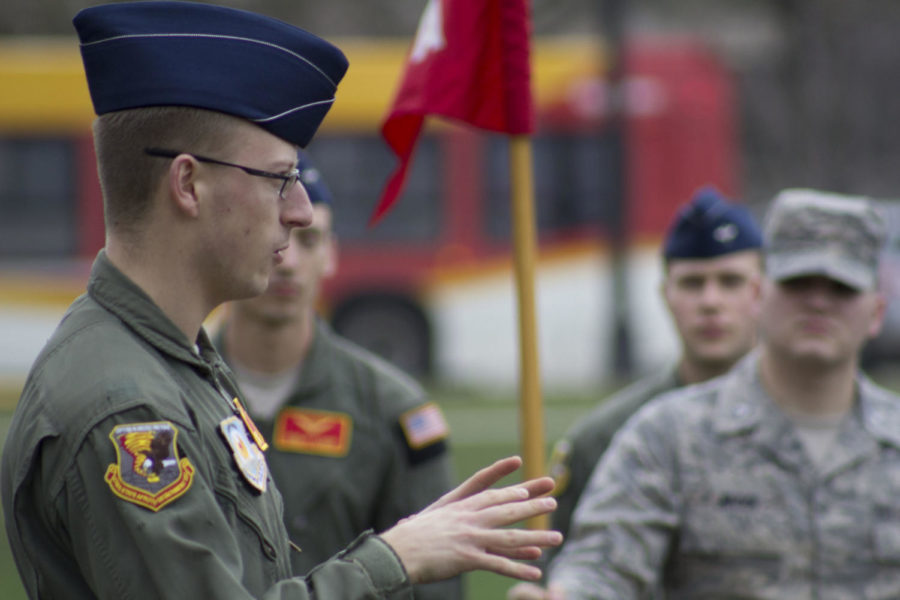 The Air Force ROTC secured and paid respect to the flag during Retreat on April 4. After Retreat, the ROTC members gathered for awards and announcements. 