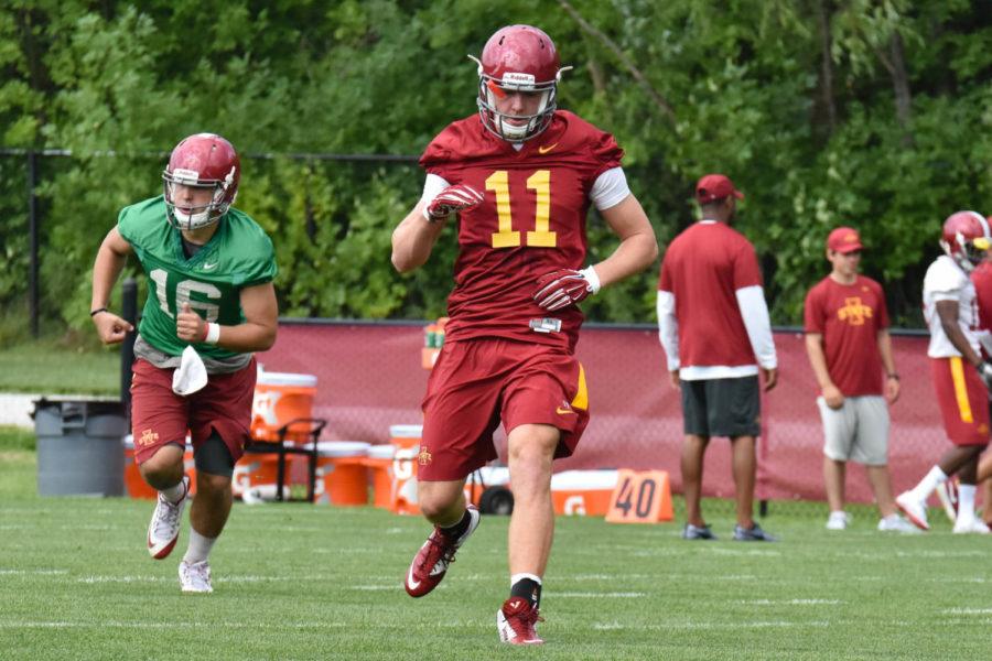 Tight end Chase Allen practiced with the team at fall camp on Aug. 4 despite being hit by a car in late July outside Bergstrom Football Complex in Ames.