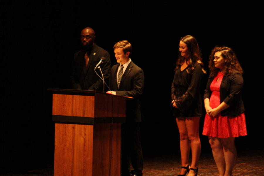 Chander Wilkens, president of the National Pan-Hellenic Council; Mike Poggemiller, president of the Interfraternity council; Kara Rasmusson, president of the Collegiate Panhellenic council; and Rachel Ramirez, president of the Multicultural Greek Council appeared on stage at Vespers to give awards to Iowa States fraternities and sororities. Vespers was held Sunday night at Stephens Auditorium.
