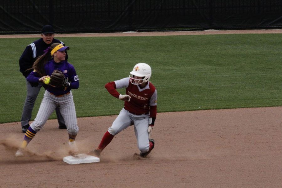 Freshman, Sami Williams, slides into second base during a softball matchup against Northern Iowa. 