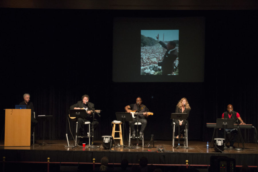 From left: Bill Lloyd, Dez Dickerson, Jonell Mosser and Joseph Wooten perform Freedom Sings, a musical presentation of songs that played roles in history of censorship and activism. The performance included songs by Bob Dylan, Joni Mitchell, Loretta Lynn, Little Big Town, The Beatles and Woody Guthrie. 