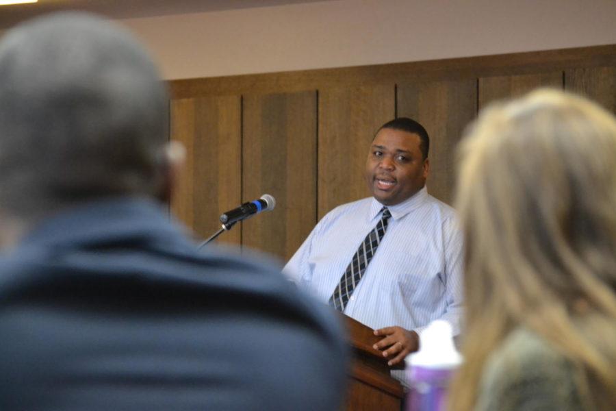 Corey Williamson, interim director of the Memorial Union, discusses the pros for increasing student fees to renovate the Memorial Union during the Student Government meeting April 19. The proposal was introduced by Senator Connor Theisen. 
