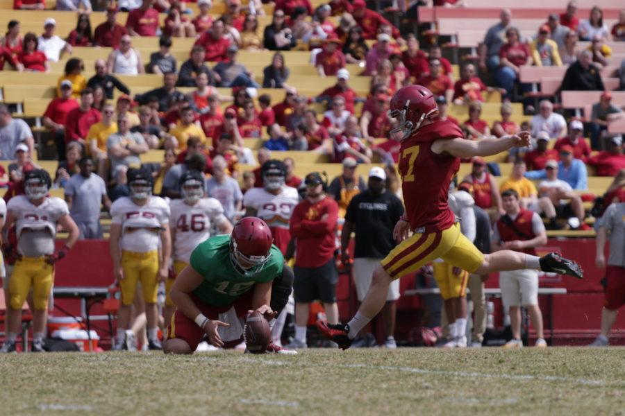 Redshirt Senior Garrett Owens knocks a 35 yard kick through the uprights adding three points to the Cyclone offenses score during the 2017 Cyclone spring football game.