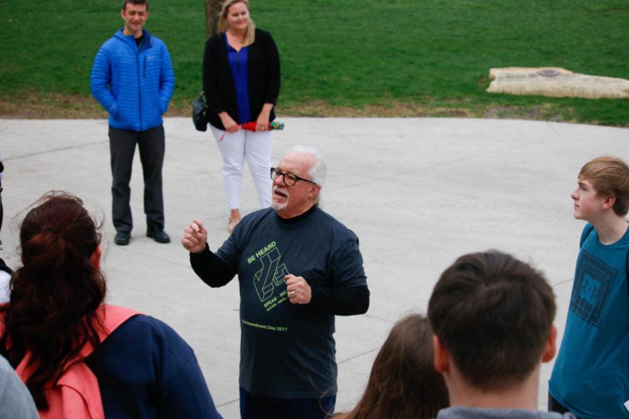 Mark Witherspoon, editorial advisor of the Iowa State Daily, led the Democalypse March around campus on Thursday. The march on First Amendment Day featured a high school class from North High School and was designed to teach students what it would be like to lose their First Amendment. 