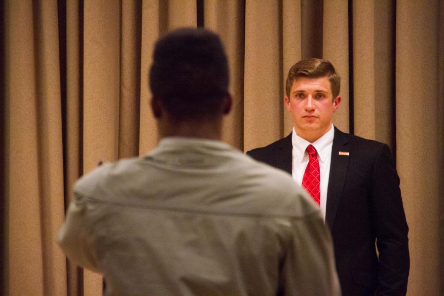 Student Body President Cole Staudt listens to a student voice their opinion on social issues at Iowa State during a town hall meeting Nov. 29 in the Memorial Union. The town hall was created in order to serve as a platform to address racism on campus. 