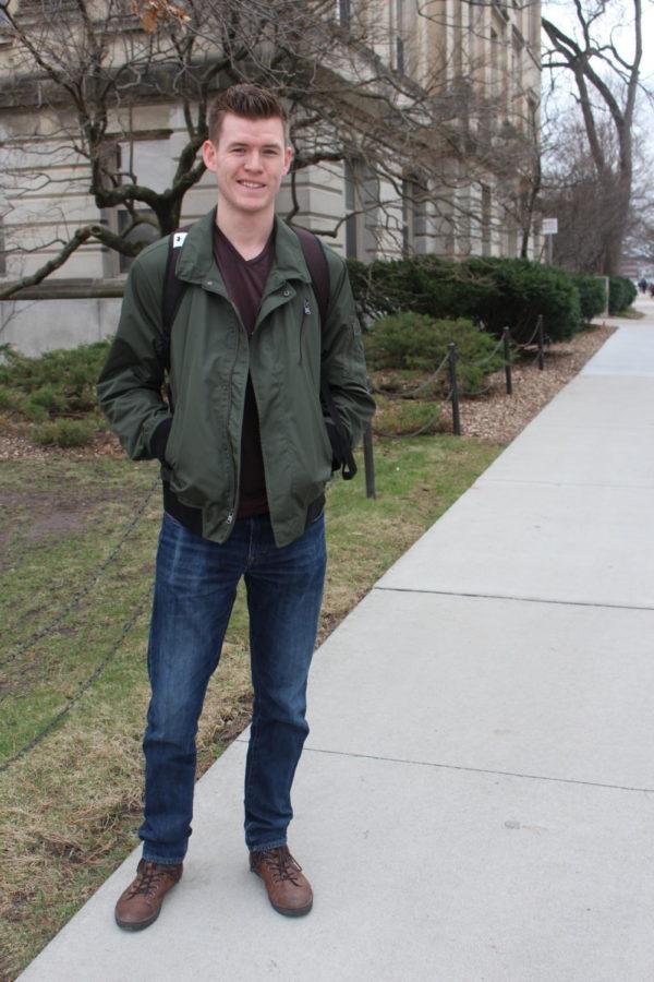 Sam Ruchotzke, senior in finance, Has a style mainly made up of earthy tones and his favorite piece that he is wearing is his bomber jacket from J-Crew.