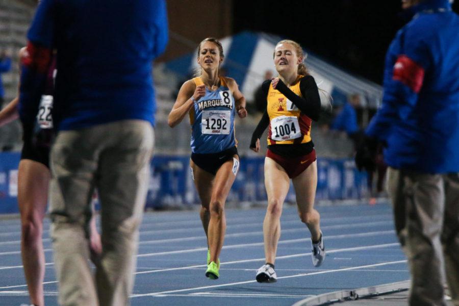 Iowa State junior Bethanie Brown crosses the finish line during the womens 5000-meter at the Drake Relays in Des Moines April 27, 2017. Brown finished 12th with a time of 16:26. 