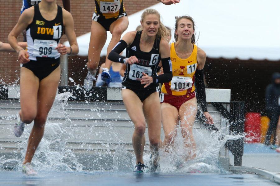Iowa State sophomore Kelly Naumann lands in the water hazard during the womens 3000-meter steeplechase at the Drake Relays April 29, 2017. Naumann finished fifth with a time of 10:21.45, a personal record. 