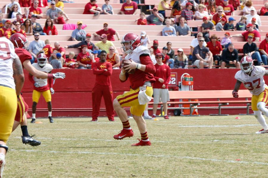 Redshirt senior Joel Lanning turns upfield following his interception on a Jacob Park pass during the spring football game at Jack Trice Stadium on April 8. 