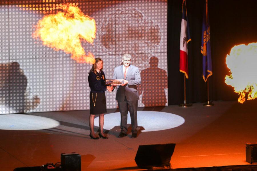 Flames+fly+for+the+presentation+of+an+award+by+the+Iowa+FFA+President+at+the+89th+annual+leadership+Conference+in+Hilton%C2%A0Coliseum.+5%2C041+FFA+members+from+218+chapters+were+in+attendance.