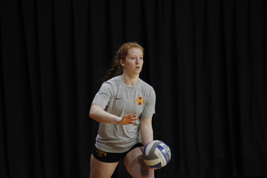 Iowa State sophomore Hali Hillegas serves during a match against Northern Iowa at the annual spring scrimmage hosted at Hilton Coliseum.