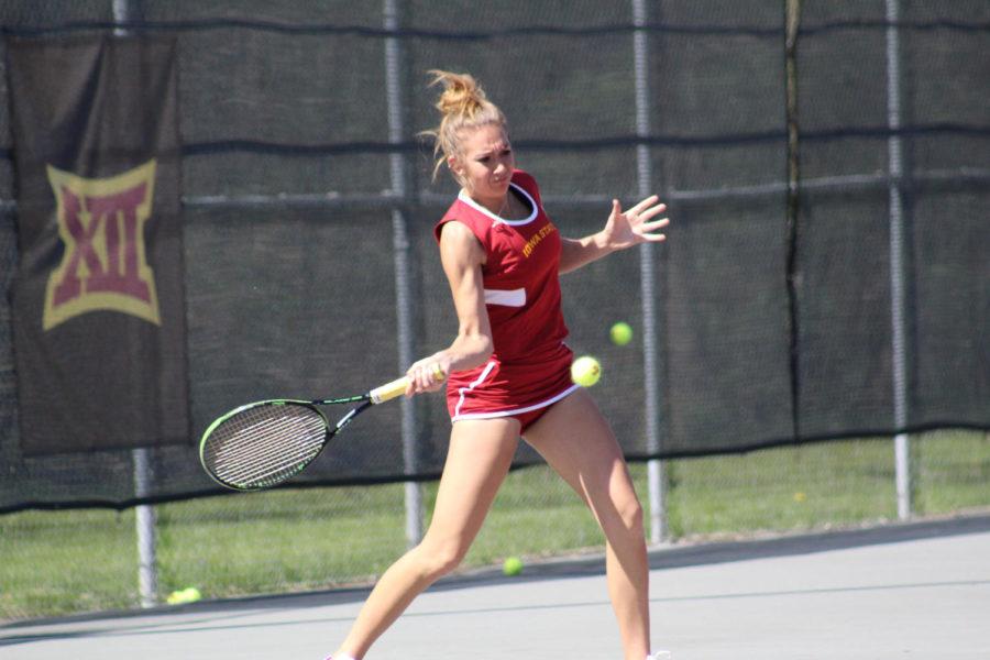 Senior+Samantha+Budai%C2%A0played+for+Iowa+State+tennis+on+April+23.+They+fell+0-4+against+Oklahoma.%C2%A0This+was+the+final+home+match+for+Budai.+She+earned+the+first-ever+national%C2%A0ranking+by+a+Cyclone+tennis+player.%C2%A0