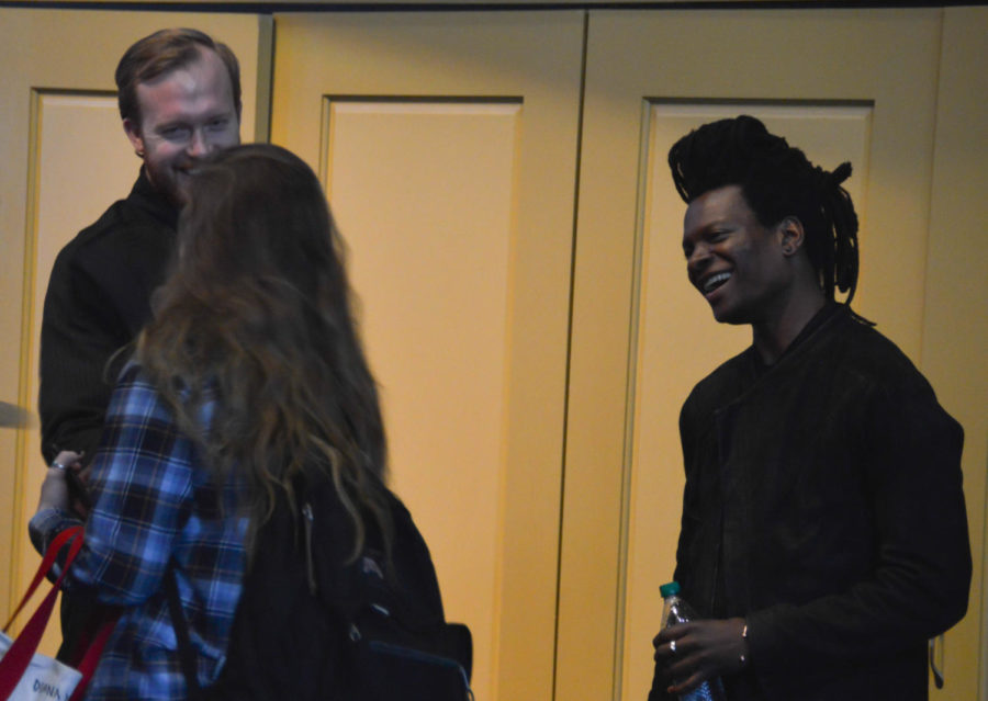 Greg Rosborough (left) and Abdul Abasi (right) interact with students after giving a lecture on the business of menswear in Curtiss Hall on April 6. Their label offers a reinvention of the classic mens suit. Rosborough and Abasi will be the guest designers featured at the Fashion Show April 8.