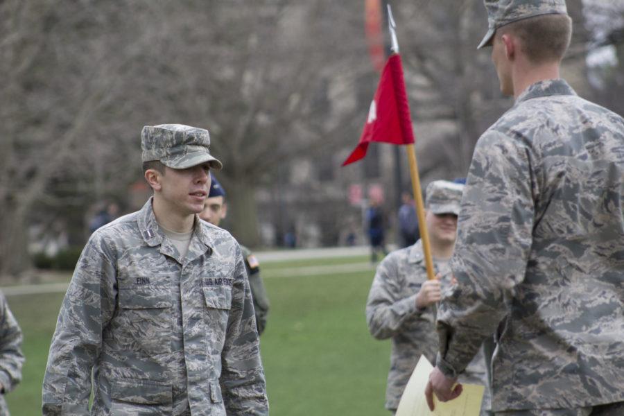 The Air Force ROTC secured and paid respect to the flag during Retreat on April 4. After Retreat, the ROTC members gathered for awards and announcements. 