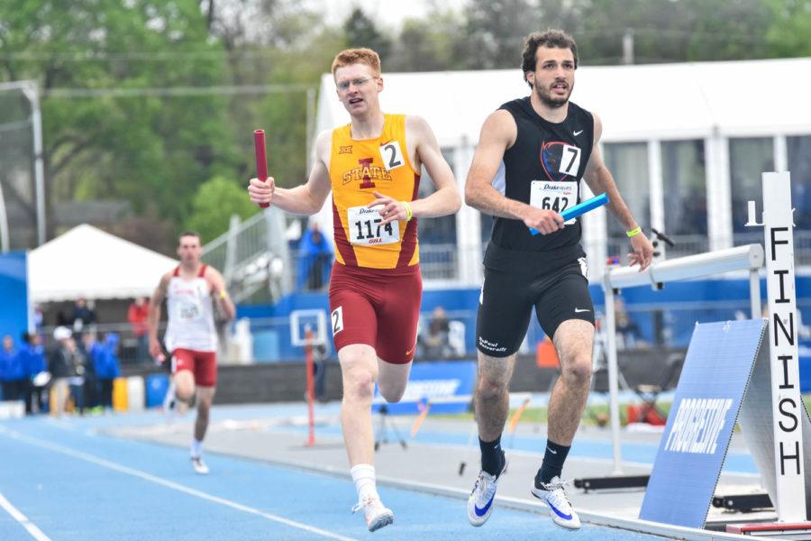ISU senior Jacob Hoogensen finishes the 4x400-meter at Drake Relays on April 29.