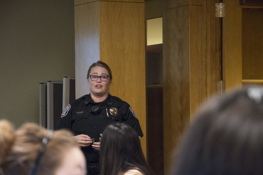 Natasha Greene, patrol and multicultural liaison officer speaks to students at Hamilton Hall for a session on free speech vs. hate speech as part of the Greenlee Schools First Amendment Day program April 19. 