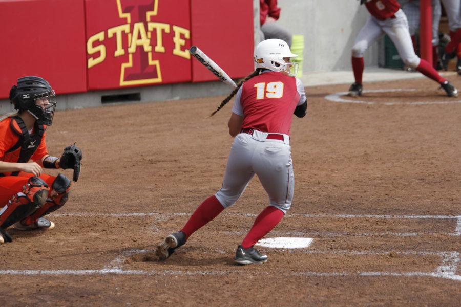 Iowa State senior Cathlin Bingham steps up to bat against Oklahoma State on Saturday. The Cyclones would go on to grab their first Big 12 win by a score of 10-9.