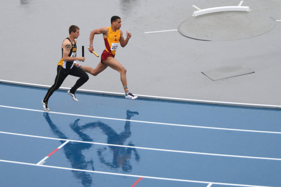 Iowa States Jaymes Dennison hugs the curve during the mens distance medley relay at the Drake Relays in Des Moines April 29. The Cyclones finished ninth in 10:02.25.