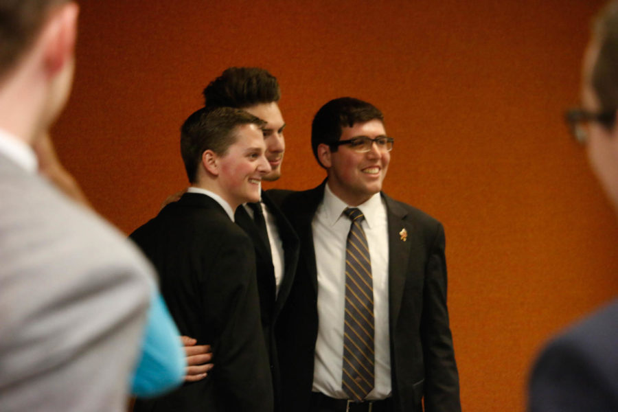 Newly appointed president and vice president, Cody West and Cody Smith, pose for a photo following the Presidents Dinner. The dinner signified the transfer of power from Cole Staudt to West and was held at the Scheman Building.