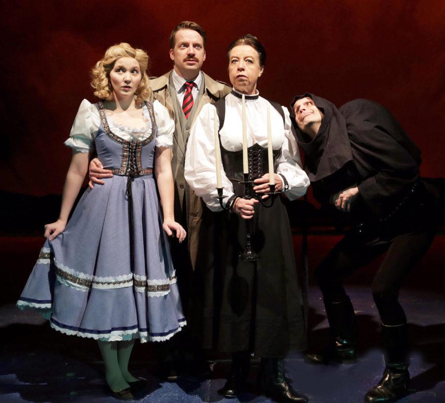 Visit Transylvania in “The New Mel Brooks Musical Young Frankenstein,” Mar. 17-Apr. 9, 2017, at the Des Moines Community Playhouse. Left to right:Patricia Arvanis as Inga, Charlie Reese as Dr. Frederick Frankenstein, Mary Bricker as Frau Blücher and Brett Spahr as Igor.