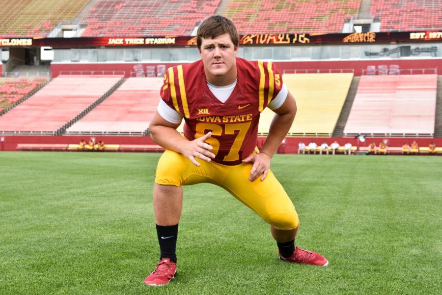 Redshirt junior offensive lineman Jake Campos poses for media day on Aug. 9 at Jack Trice Stadium.