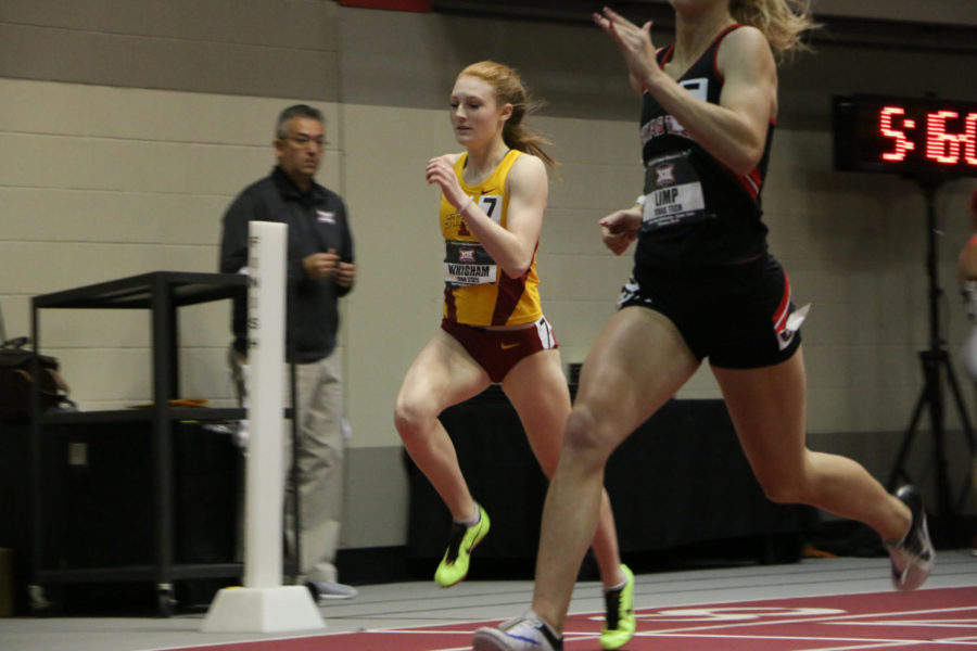 ISU sophomore Emma Whigham competes in the 400-meter run during the Big 12 Indoor Championships at the Lied Rec Center on Feb. 26. Whigham finished with a time of 57.18. 