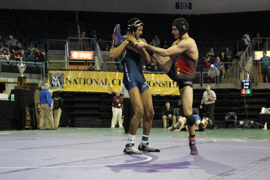 Freshman Costas Hatzipavlides gets caught in a match at the NCWA National Tournament.