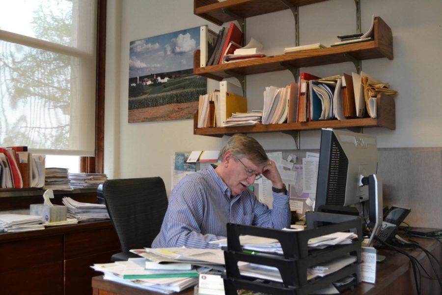 Director of the Leopold Center, Mark Rasmussen, works in his office in 209 Curtiss April 18.  The Leopold Center has been issuing grants for agricultural research purposes for thirty years.